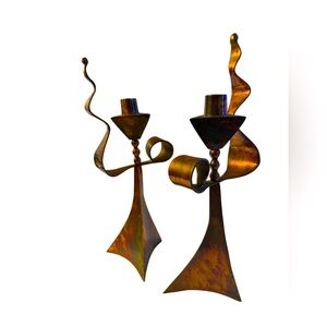 Mid-century Modern Pair of Solid Copper Acid Washed Candlesticks